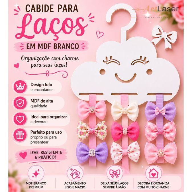 Cabide Para Laços MDF Branco Princesa | Porta Laços Organizador De Tiaras E Acessórios Infantil