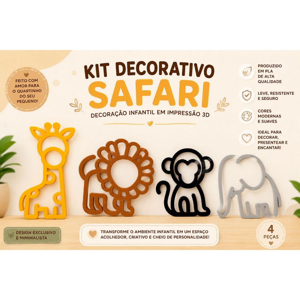 Kit Decorativo Infantil em Impressão 3D Safari