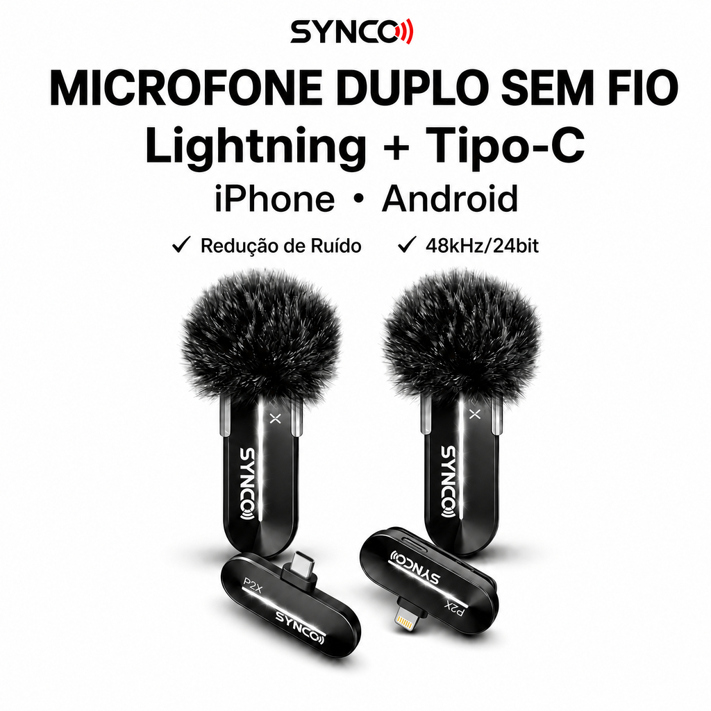 Microfone de Lapela Duplo Sem Fio 2.4GHz para Vídeo Live TikTok YouTube iPhone Android SYNCO P2XLT