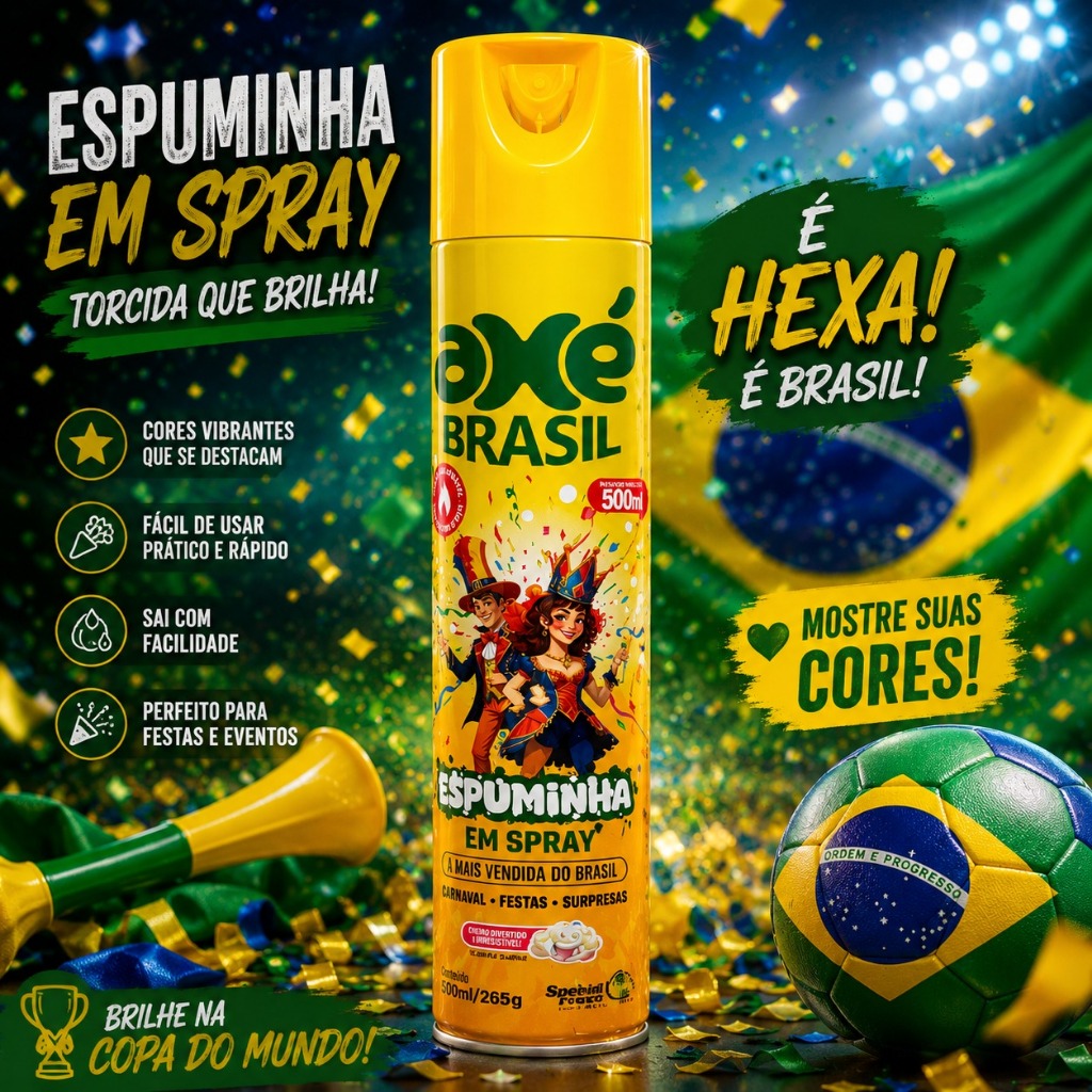 Espuma de Copa do Mundo 500ml Spray Divertida | Festa Carnaval | Bloco | Folia | Base Neve Slyme | Carnaval  Brasil