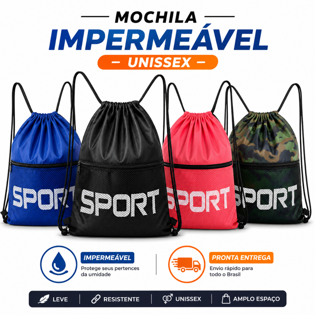 Bolsa Mochila Saco Impermeável Sport Cordão - Preto, Camuflado, Azul e Rosa