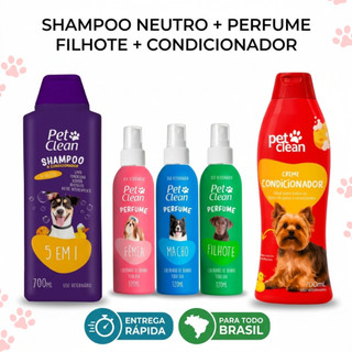 Kit Banho Shampoo 5 em 1 Condicionador e Perfume Pet Clean para Cachorro e Gato Limpeza Profunda