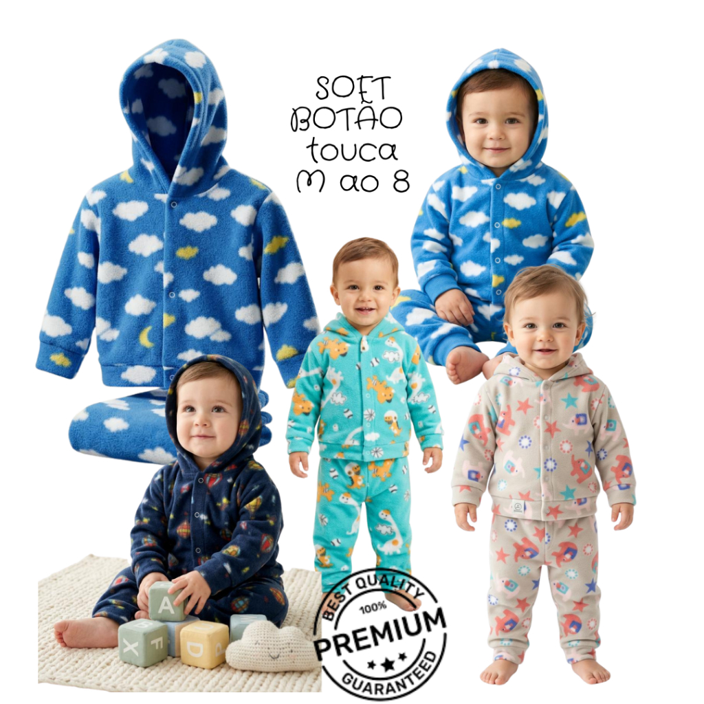 CONJUNTO SOFT COM BOTÃO E TOUCA SOFT PREMIUM MENINO M AO 8 / M AO 3 BOTÃO E TOUCA E 4 AO 8 FECHADO SEM TOUCA