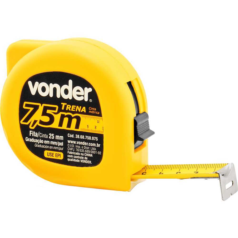 Trena de Aço 7,5m x 25mm Vonder com Trava e Gancho Magnético Alta Precisão