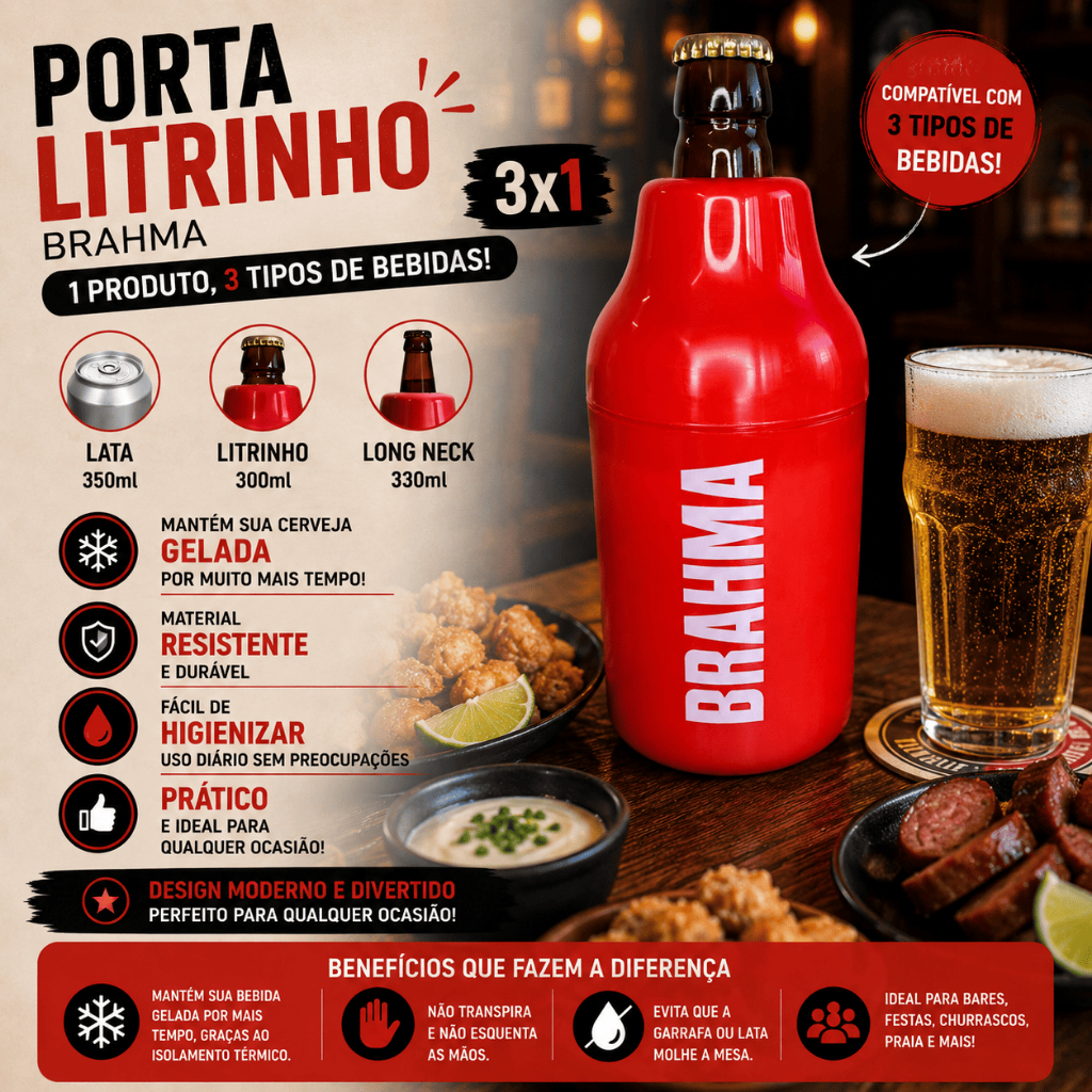 Porta Lata 3x1 Suporte Cerveja Litrinho 300ml  Long Neck Brahma Pilsen