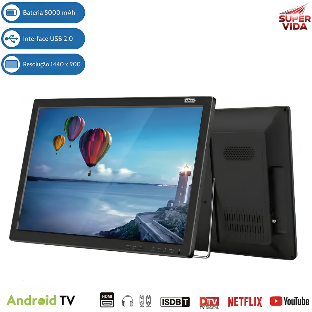 Monitor TV 2 em 1 Portátil Android 14 19" HD Bateria 5000mAh ISDB-T HDMI para Casa Escritório Viagem