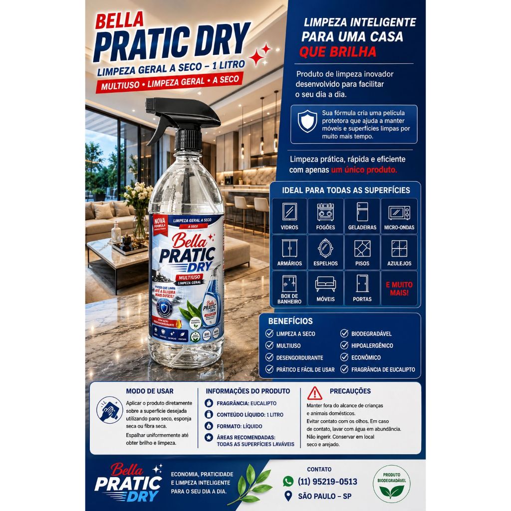 Bella Pratic Dry Original Flotador 1 litros Limpa Tudo Multiuso Fogão Vidros Estofado Box Piso