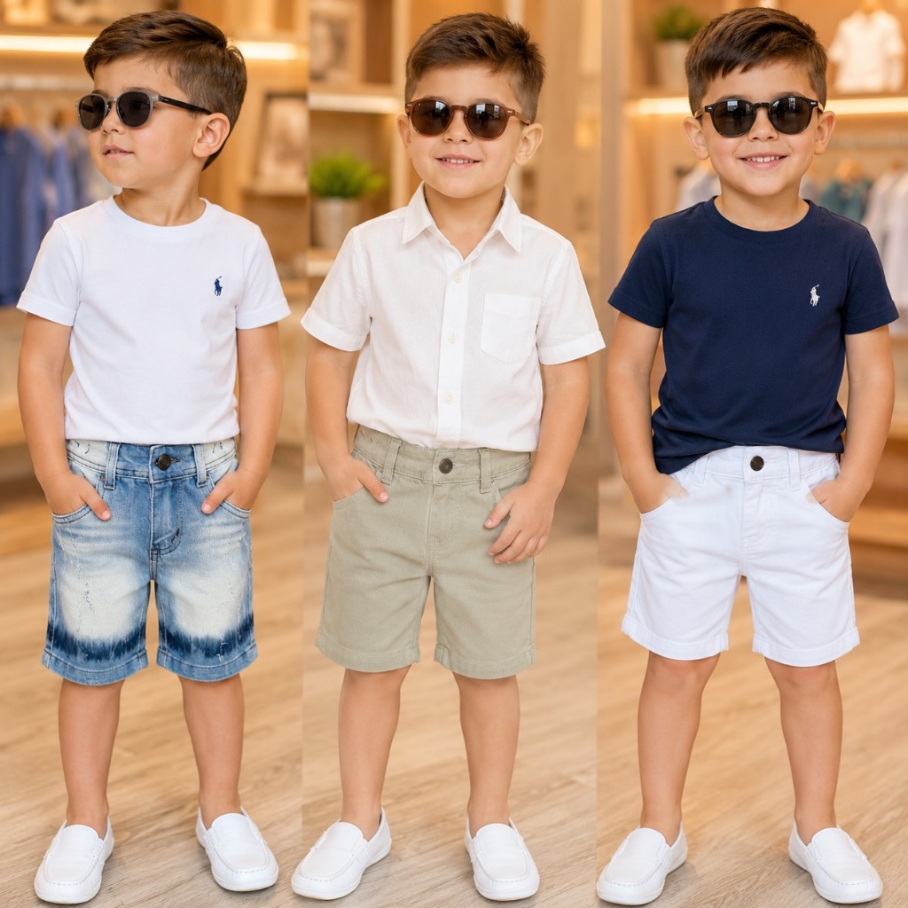 Bermuda Infantil Masculina com Elastano Jeans, Branca ou Bege - Conforto Premium
