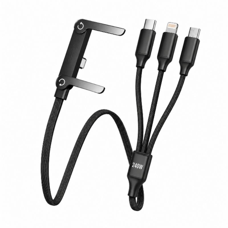 Cabo Carregador 3 em 1 240W Turbo USB-C Lightning Micro USB com Suporte para Celular