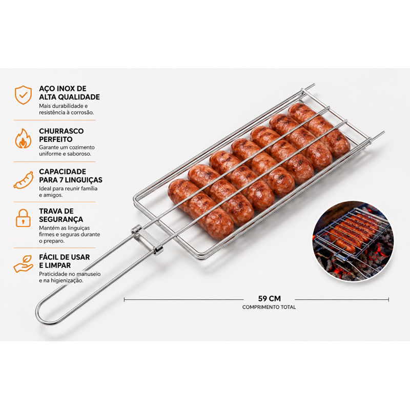 Grelha Para Linguiça 59cm - para 7 linguiças Aço Churrasco Assar