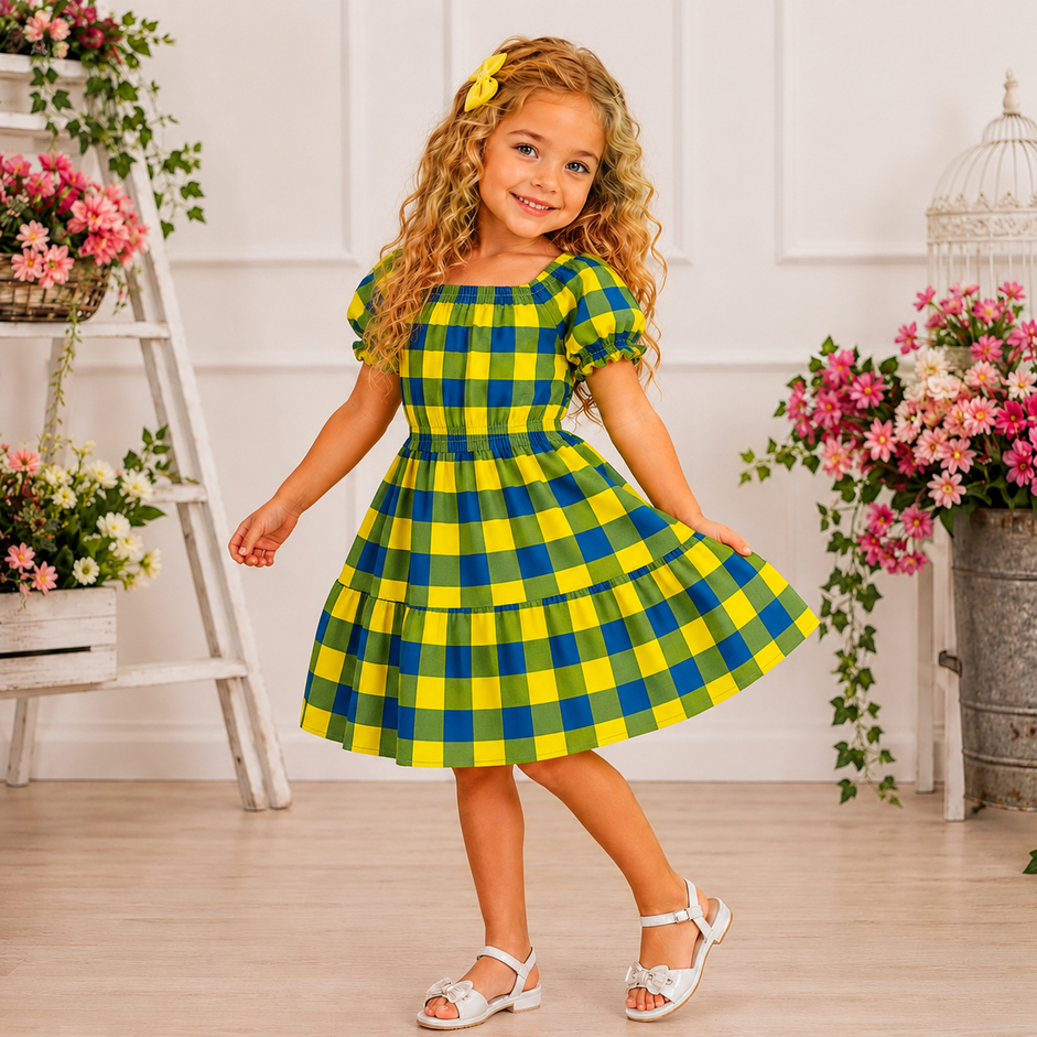 Vestido Xadrez Infantil Modelo Ciganinha Tema Copa do Mundo 2026 Estampa Perfeita