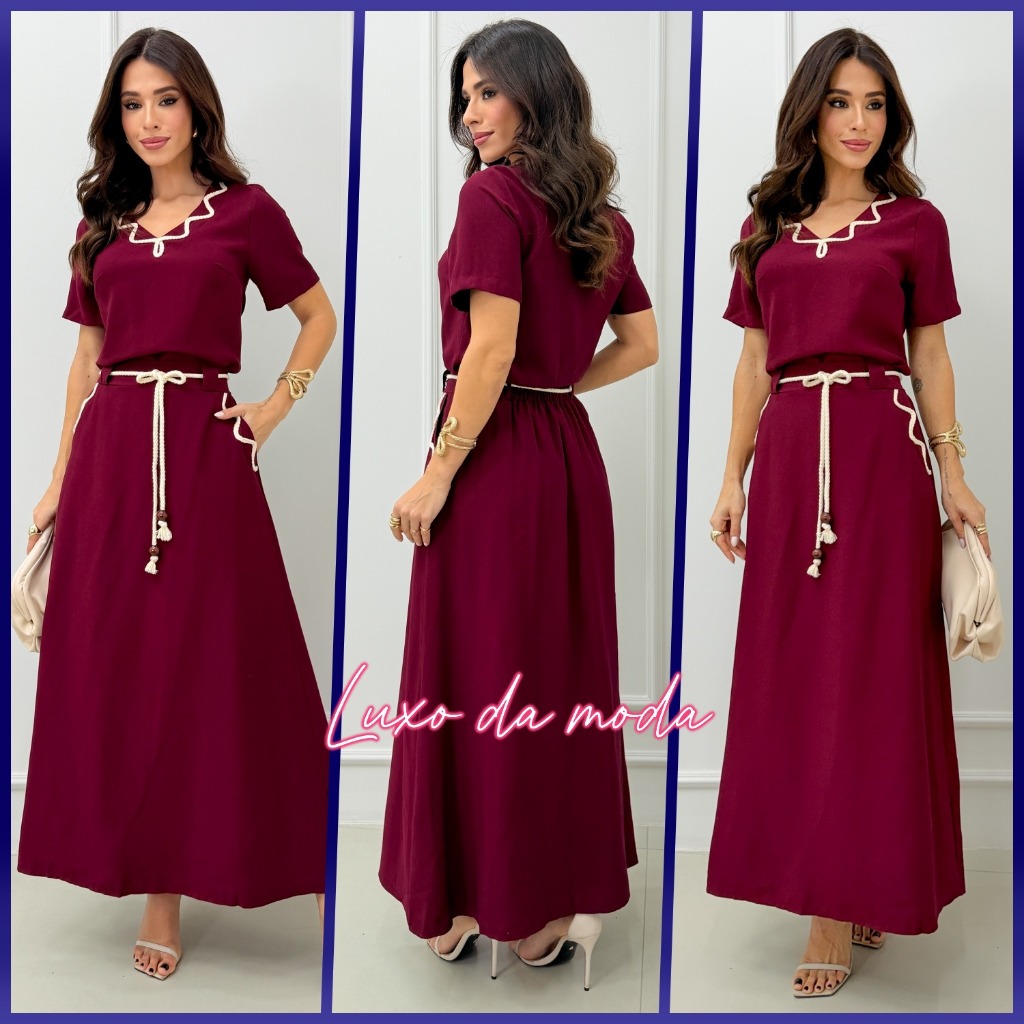 Conjunto Feminino com detalhes de Cordão bordado Blusa e Saia Longa Moda Casual Evangélica