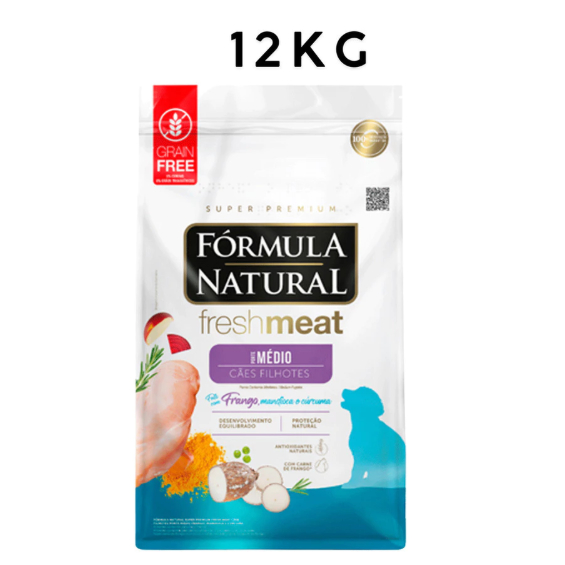 Ração Formula Natural Fresh Meat Filhotes médio porte-12KG-sabor Frango, Mandioca e cúrcuma - Adimax
