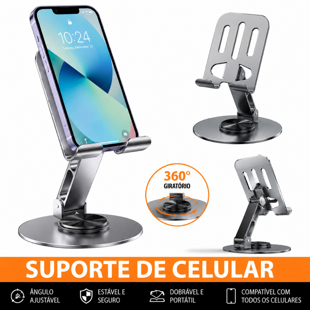 Suporte Alumínio de Mesa Base Rotatória Ajustável 360º Para Smartphones e Tablets C340
