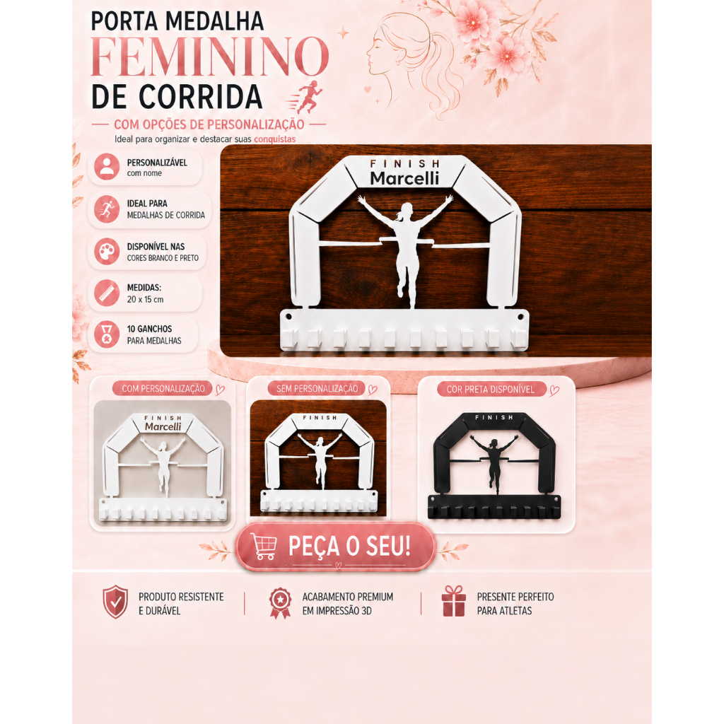 Porta Medalha Feminino de Corrida Personalizado 20x15 com 10 Ganchos/Suporte para Medalhas de Atleta