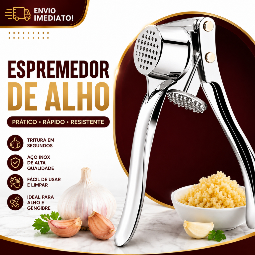Espremedor de Alho Inox Profissional Triturador Manual Prensa Alho e Gengibre Resistente Fácil Limpeza