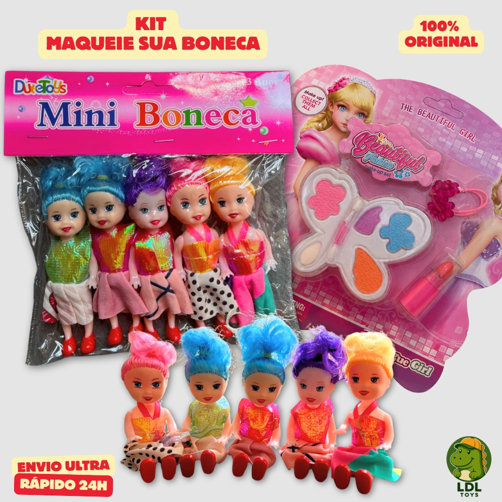 Kit 5 Bonecas + Maquiagem Brinquedo Maqueie Sua Boneca Presente Infantil Faça Você Mesmo Menina