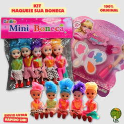 Kit 5 Bonecas + Maquiagem Brinquedo Maqueie Sua Boneca Presente Infantil Faça Você Mesmo Menina