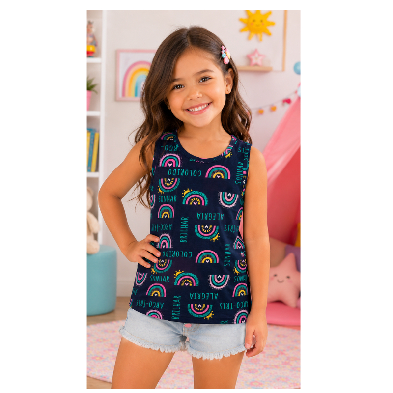 regata infantil menina estampa divertida meia malha algodão várias cores tamanhos 4 a 6 anos