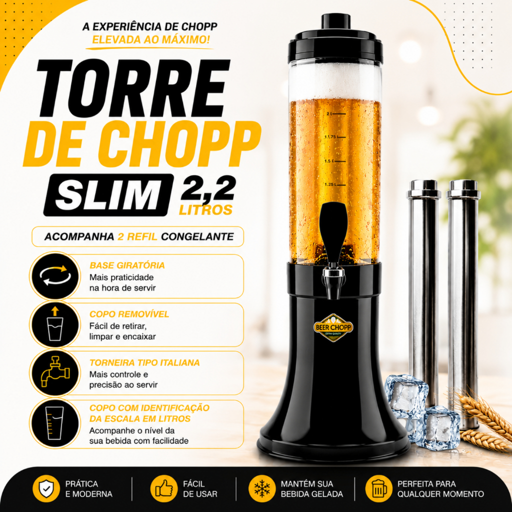 Torre de Chopp Chopeira Portátil Beer 2,25 Litros Tubo Congelante p/ Churrasco Torneira Italiana
