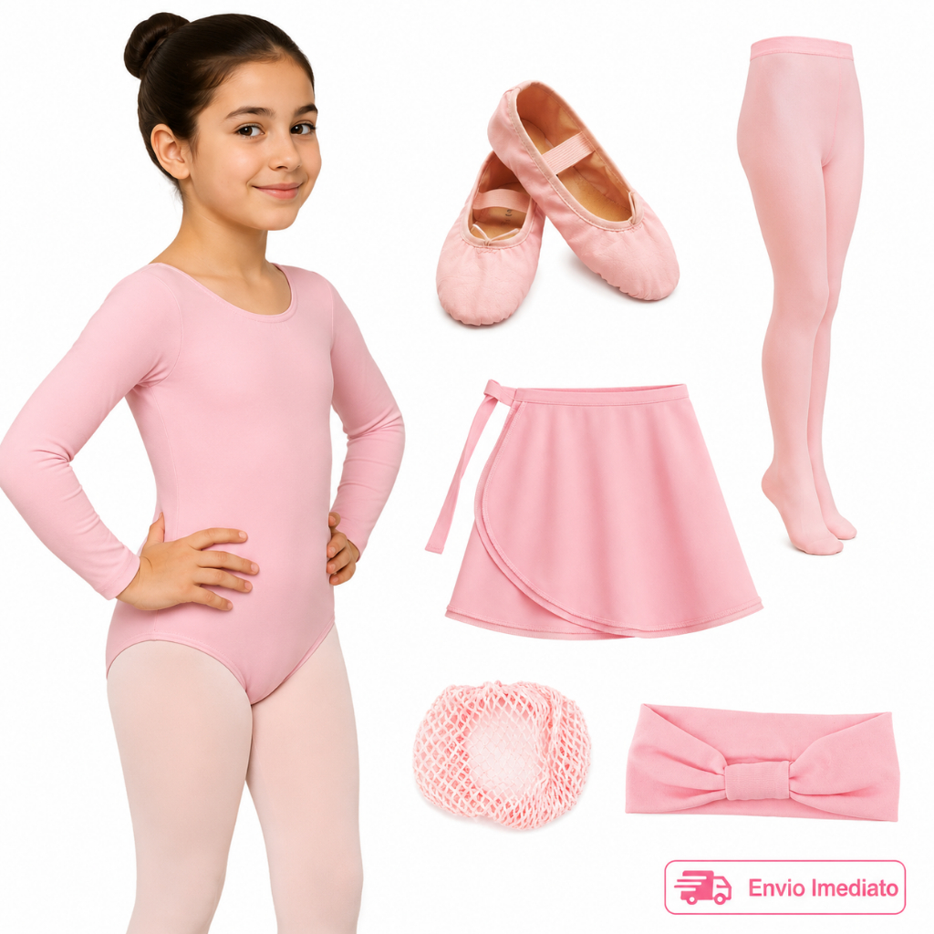 Kit Ballet Infantil Inverno Completo Rosa 6 peças Collant Manga Longa Saia Sapatilha Rede Faixa Bailarina Envio Imediato