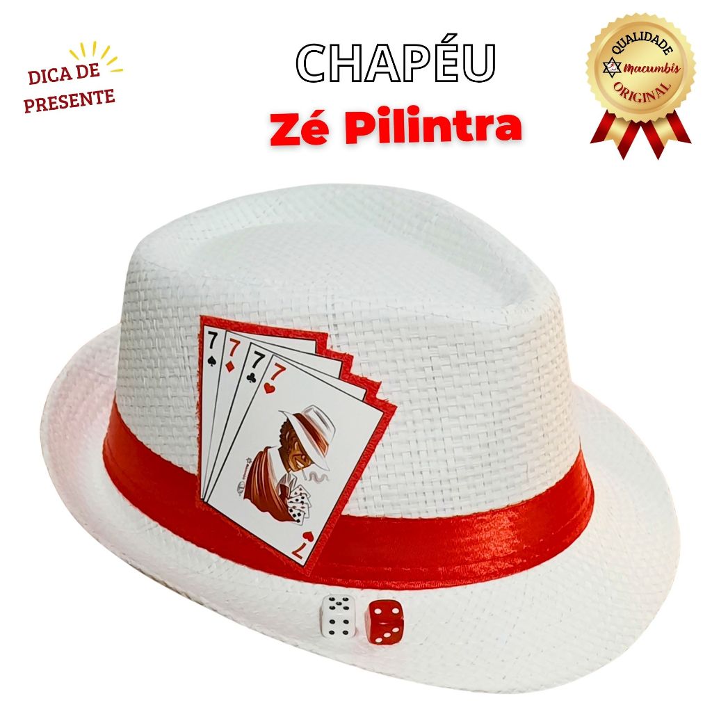 Chapeu Zé Pilintra Malandro Branco Fita Vermelha com Baralho Personalizado e dados Umbanda Candomble