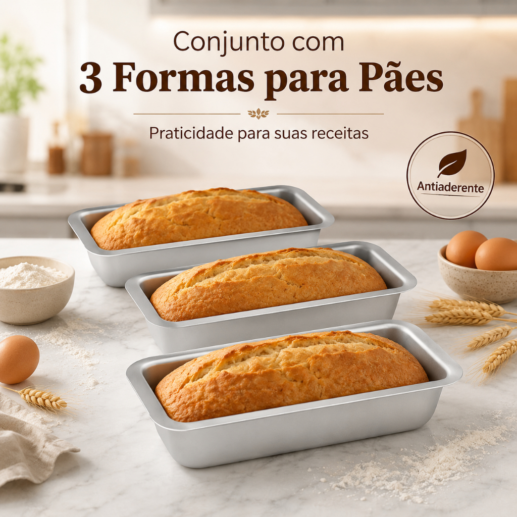 Kit 3 Formas Alumínio Antiaderente Retangular Bolo Pão Assadeira Receitas Doces e Salgadas Culinária