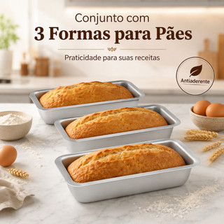 Kit 3 Formas Alumínio Antiaderente Retangular Bolo Pão Assadeira Receitas Doces e Salgadas Culinária
