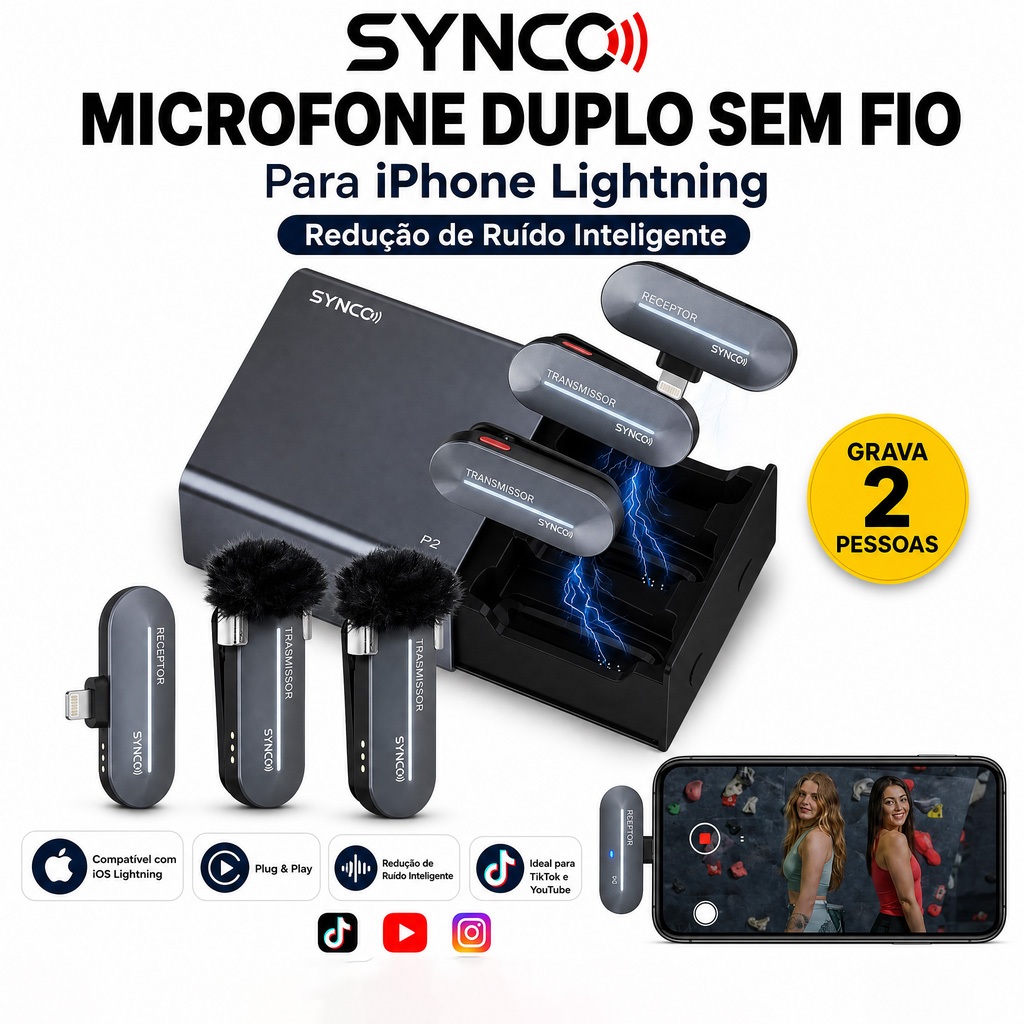 Microfone Lapela Duplo iPhone Lightning Caixa Carga 2.4GHz Cancelamento Ruído TikTok Vlog Live Youtube SYNCO P2L