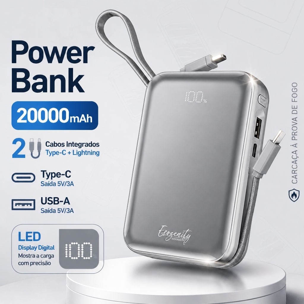 Bateria Portátil 20000mAh Display LED Power Bank Turbo 22.5W Original Carregador De Celular Portátil Universal