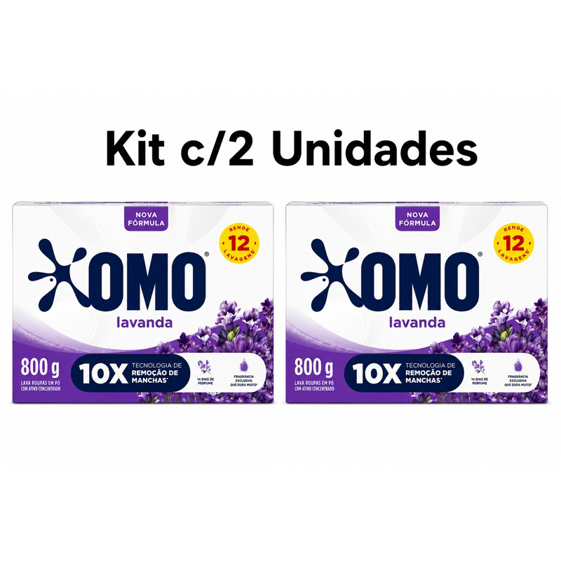 Kit 2 Sabão em Pó OMO Lavanda 800g Lava Roupas Lavagem de Roupas