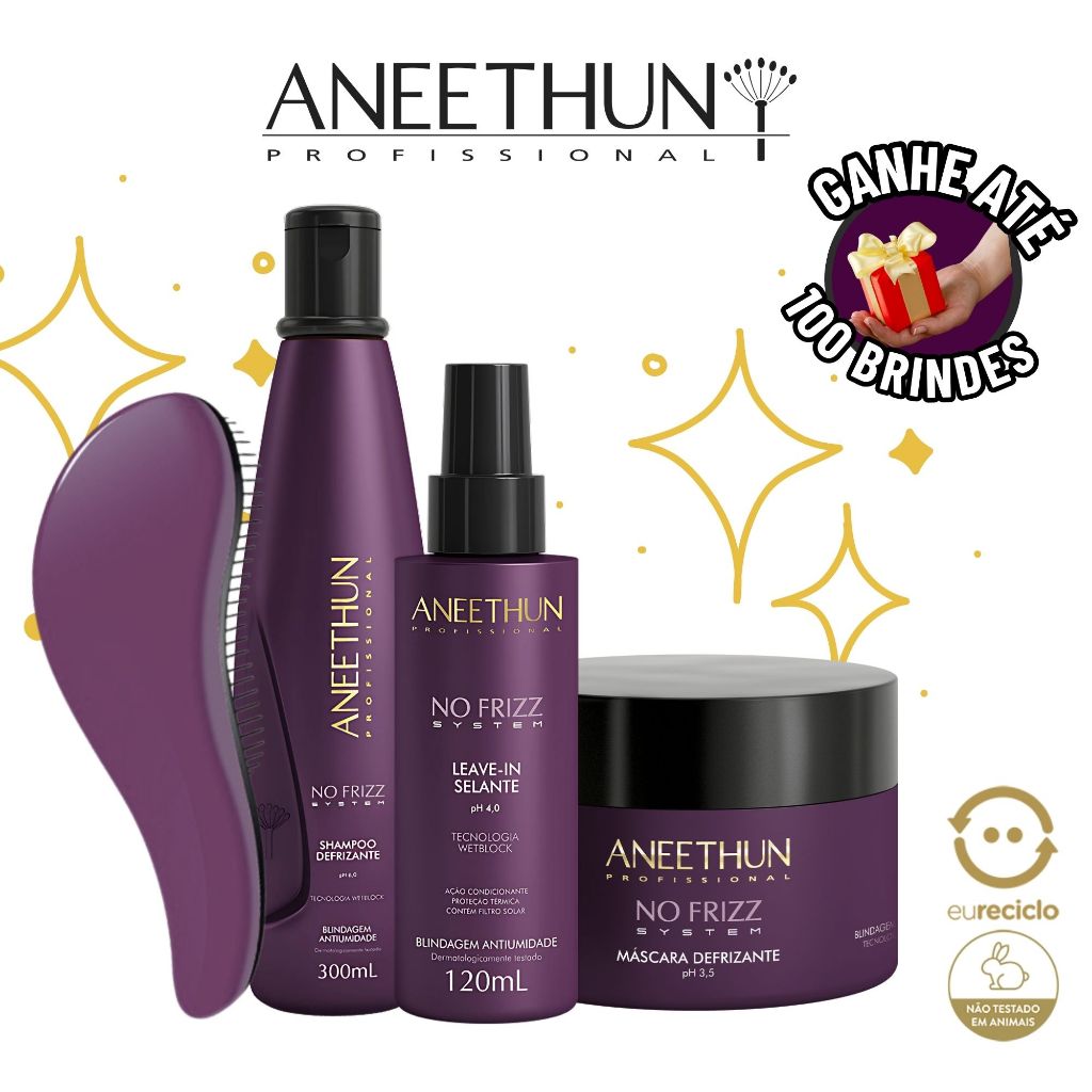 Aneethun No Frizz System Shampoo Máscara Leave-In Proteção Térmica Umidade Disciplina fios