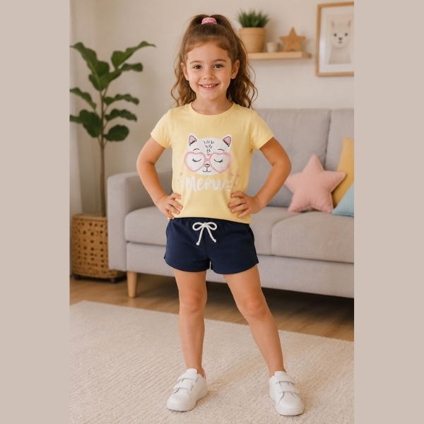 Conjunto Infantil Menina Verão Blusa Meia Malha Estampa Gatinha Meow + Shorts Moletinho Roupa Infantil Feminina