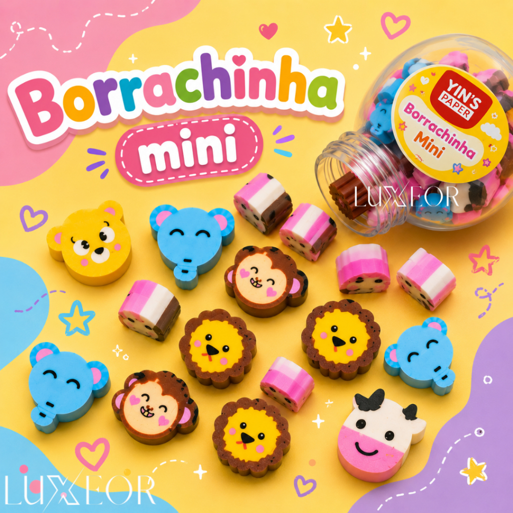 Kit Com Mini Borracha Pote 36 Unidades Bichinhos Fofo Material Escolar Infantil Lembrancinha Criativa Papelaria