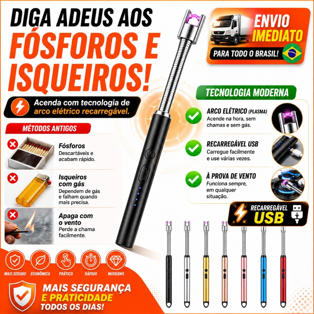 Acendedor Elétrico Recarregável USB Plasma Isqueiro Fogão Churrasqueira Haste Flexível Sem Gás