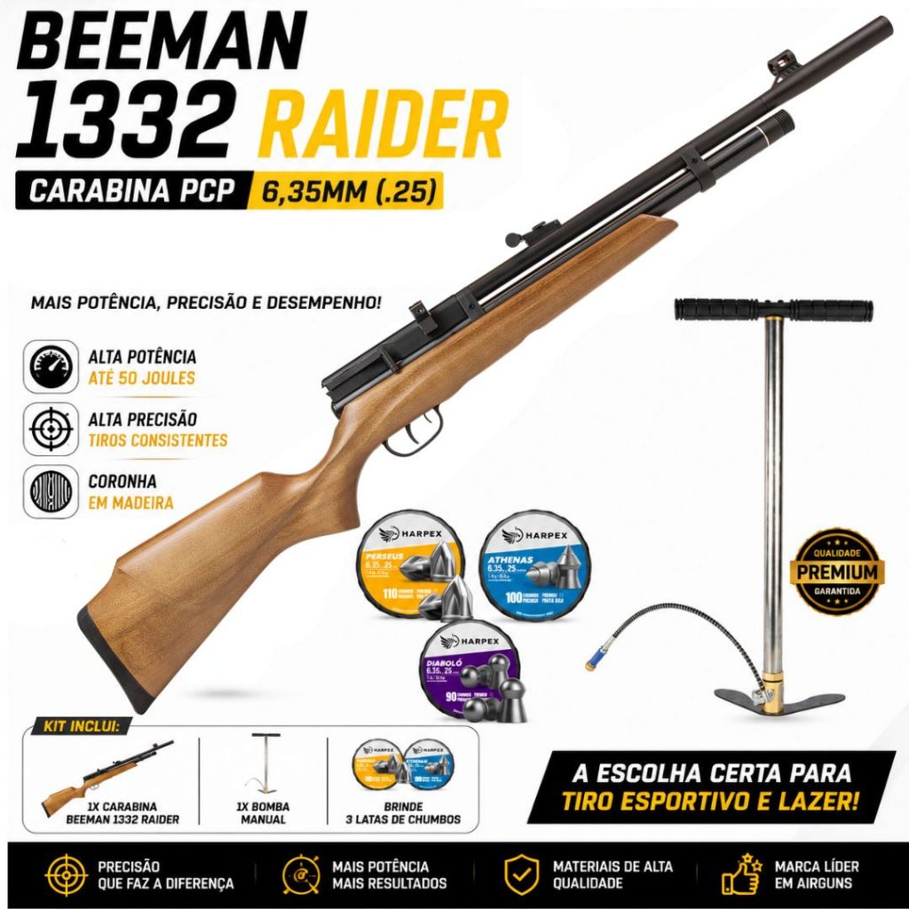 CARABINA BEEMAN PCP 1332 RAIDER 5.5MM + BOMBA PCP + CHUMBINHOS 300