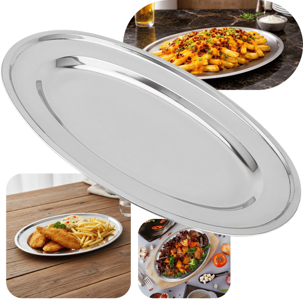 Travessa Oval Inox Rasa 50cm Para Porções Petiscos Saladas Mesa Elegante Resistente Durável Moderna