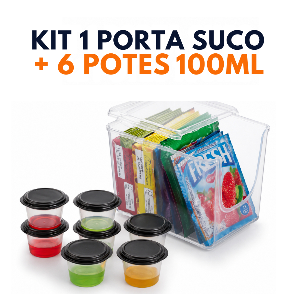 Kit com 1 Porta Suco e 6 Potes de Plástico para Gelatinas 100ML livre de BPA  com Várias cores