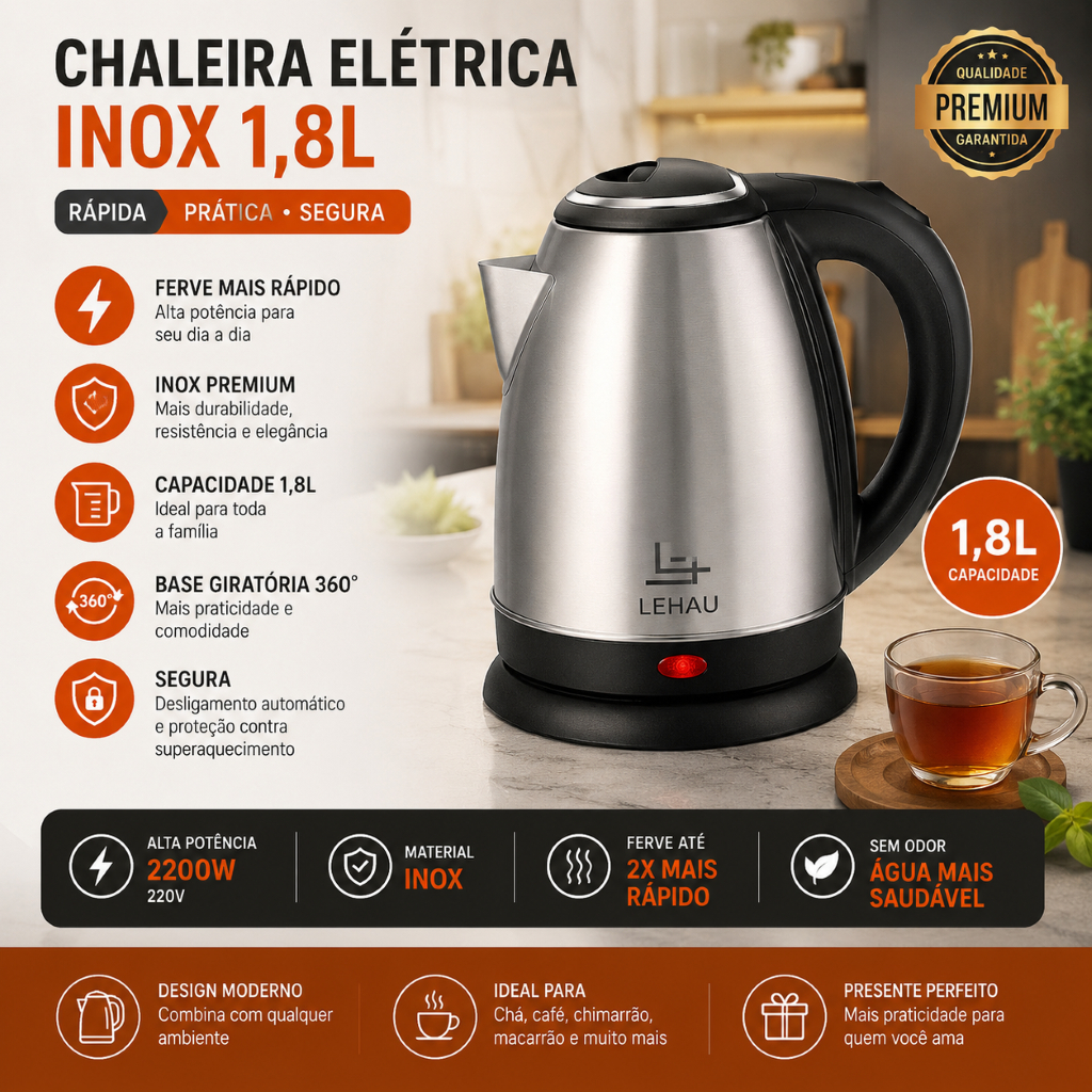 Chaleira Eletrica Inox Capacidade Grande 1,8 Litros Base Giratoria Aquecimento Rapido 220V