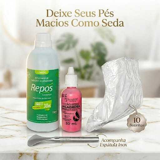 🌟Kit SPA dos Pés👣 | Repôs 150ml + Loção Milagrosa✨ + Espátula 222 Inox🧼 + 10 Botinhas🧦 | Calosidade & Hidratação