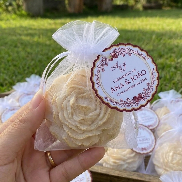 50 Lembrancinhas de Sabonetes Artesanais Personalizados Peônia Dourada Saquinho Organza Noivado Aniversário Chá de bebê