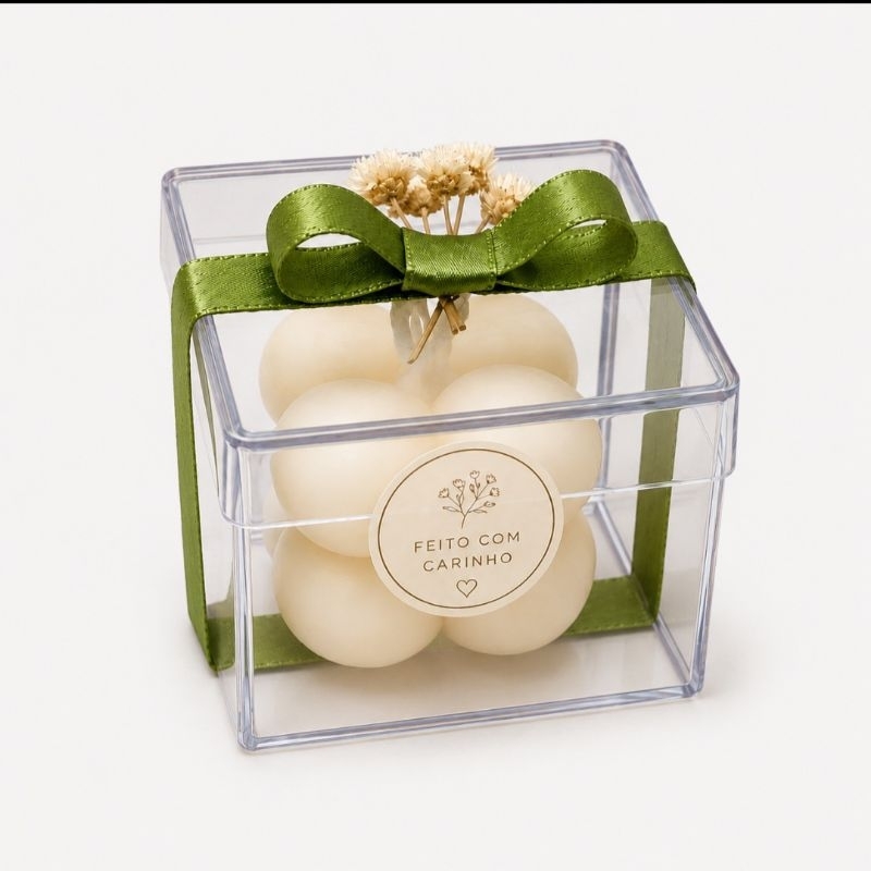 20 velas aromatica bubble na caixinha acrílica personalizado teg e fita casamento batizado e aniversario