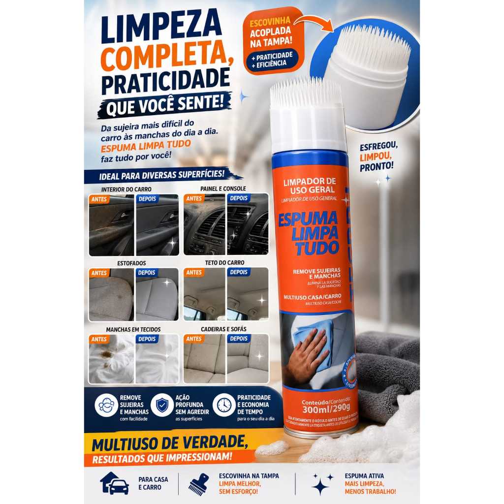 Espuma Limpa Tudo, Estofados, Sofá, Tênis, Limpeza Automotiva, Banco de Carro, Tira Mancha de Tecido Com Escova Acoplada