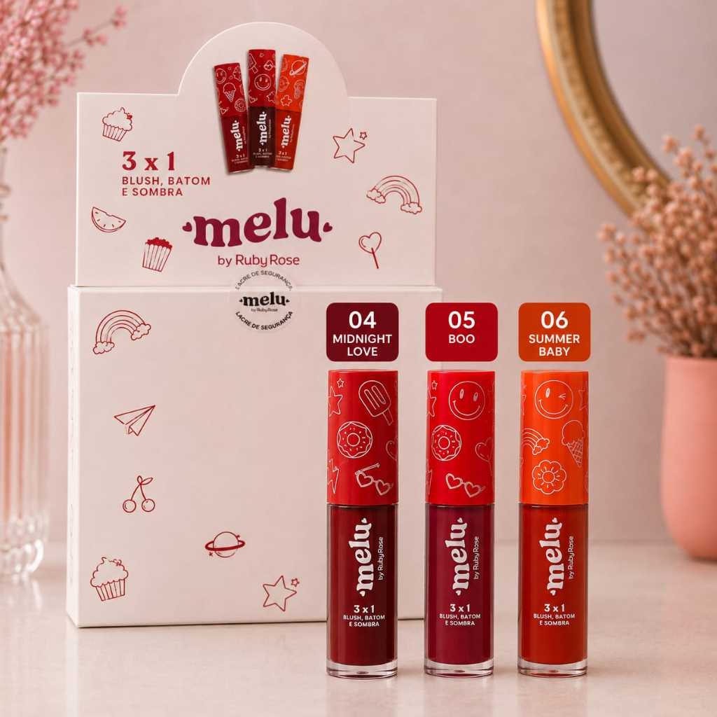 KIT 36 UNIDADES Blush Batom E Sombra 3 Em 1Melu Ruby Rose 3 funções em apenas um produto fantastico!