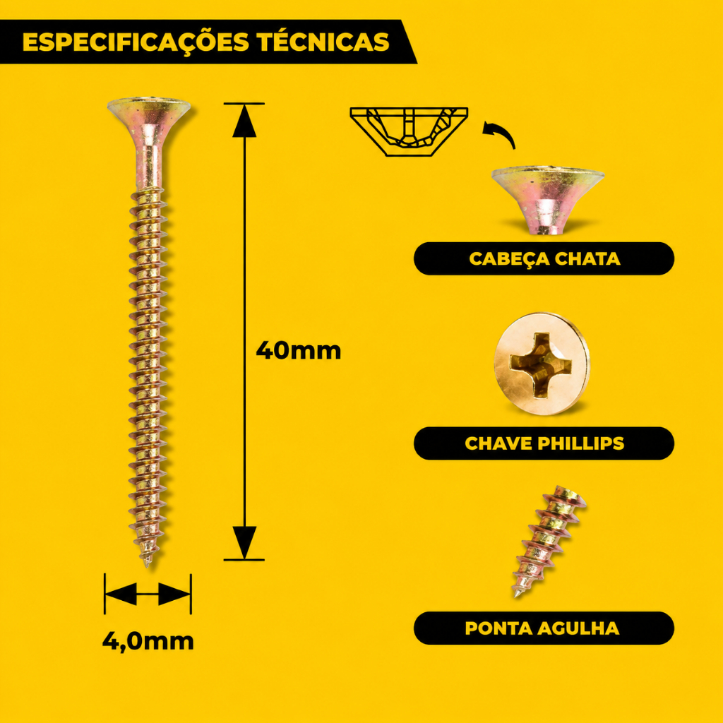 Parafuso Chip 4,0x40 Bicromatizado Cabeça Chata Phillips Soberba Kit 100 200 500 ou 1000 Peças — imagem 2 de 2