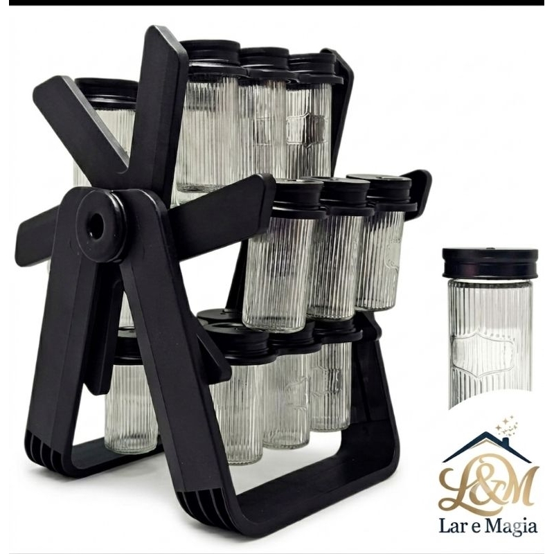 Porta Condimentos Giratório com Tampa Duas Aberturas 18 Potes 85ml Organizador de Temperos