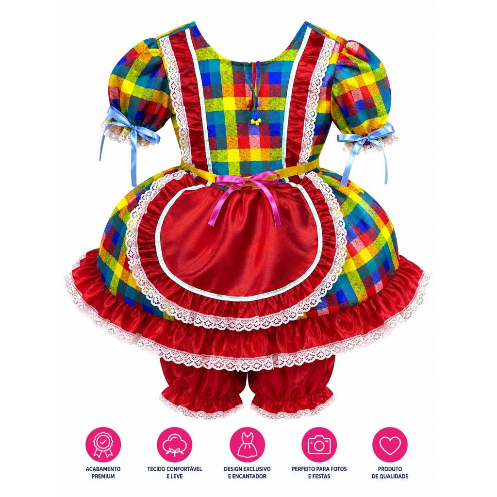 Vestido Infantil Festa Junina Menina Xadrez Vermelho Colorido Estampa Quadriculada Avental e Short Temático Junino