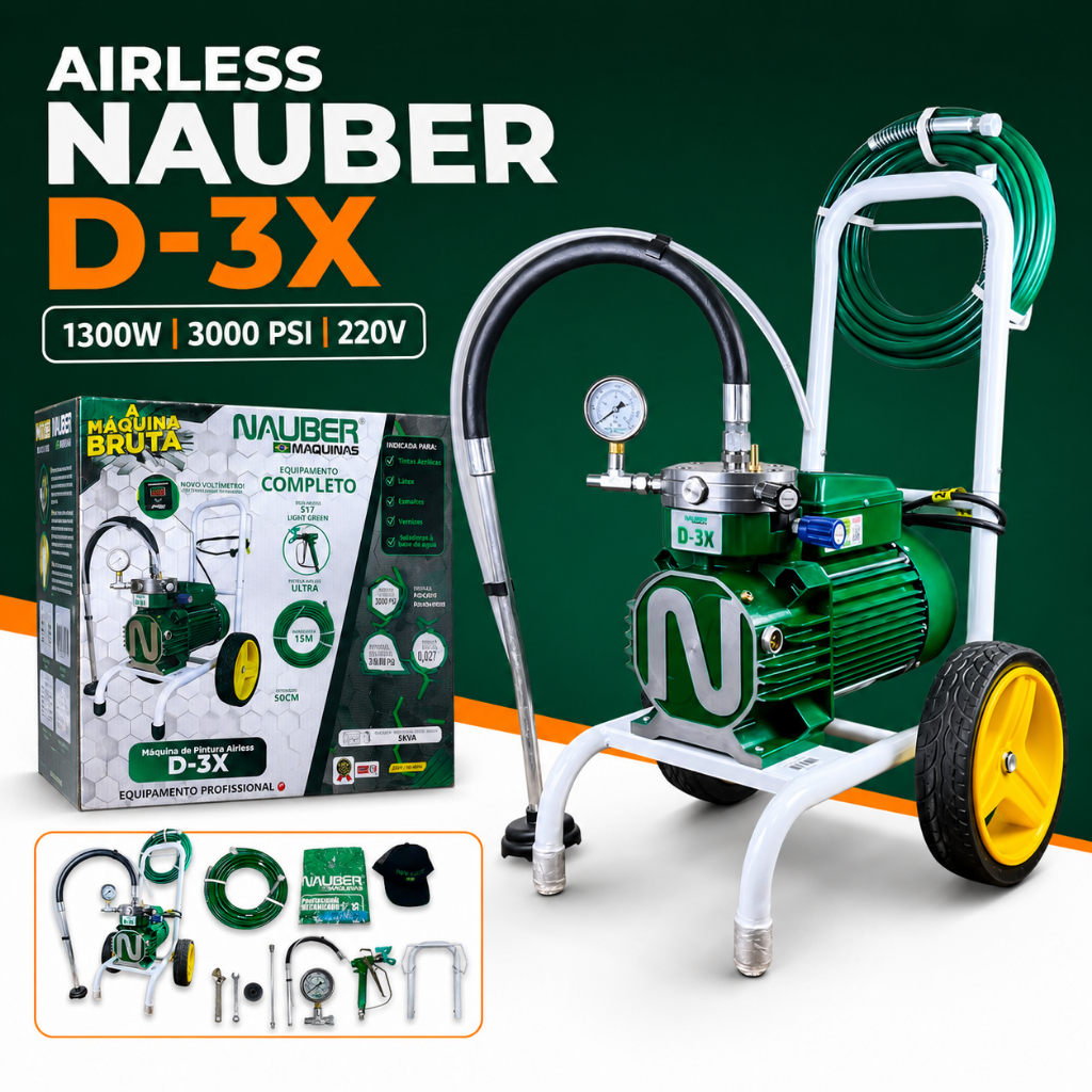 Máquina de Pintura Airless Nauber D-3X 220V 1300W 3000 PSI com Pistola Mangueira 15m e Extensor 50cm