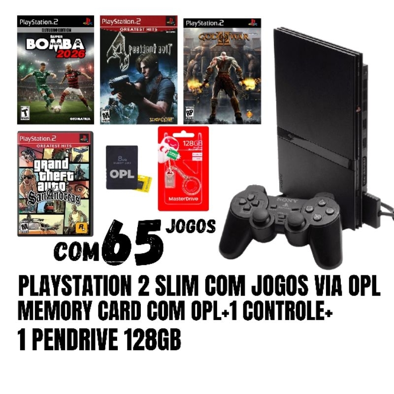 PlayStation 2 SIim, com jogos 65 via OPL+1CONTROLE +MEMORY CARD+1 PENDRIVE 128GB