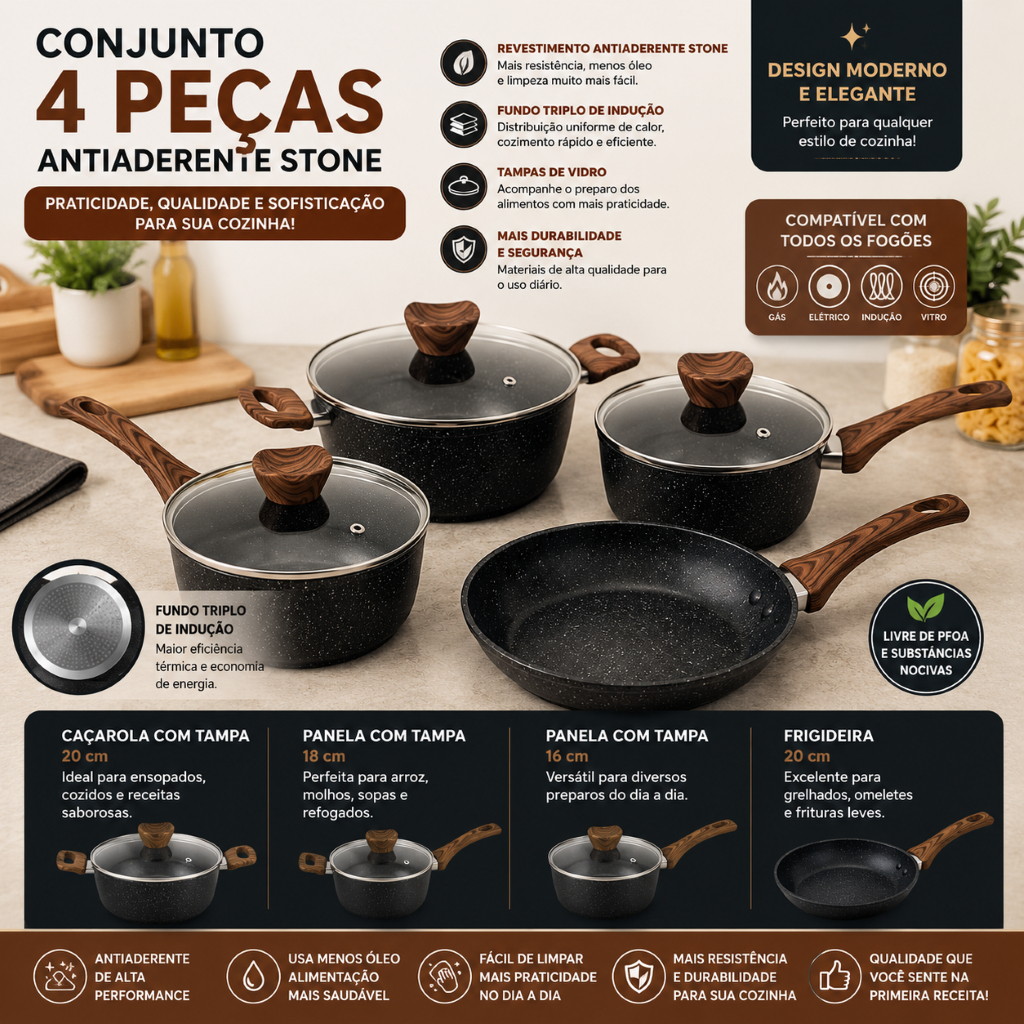 Conjunto Panelas Antiaderente Tampa Vidro Quatro Pecas Cozinha Moderna